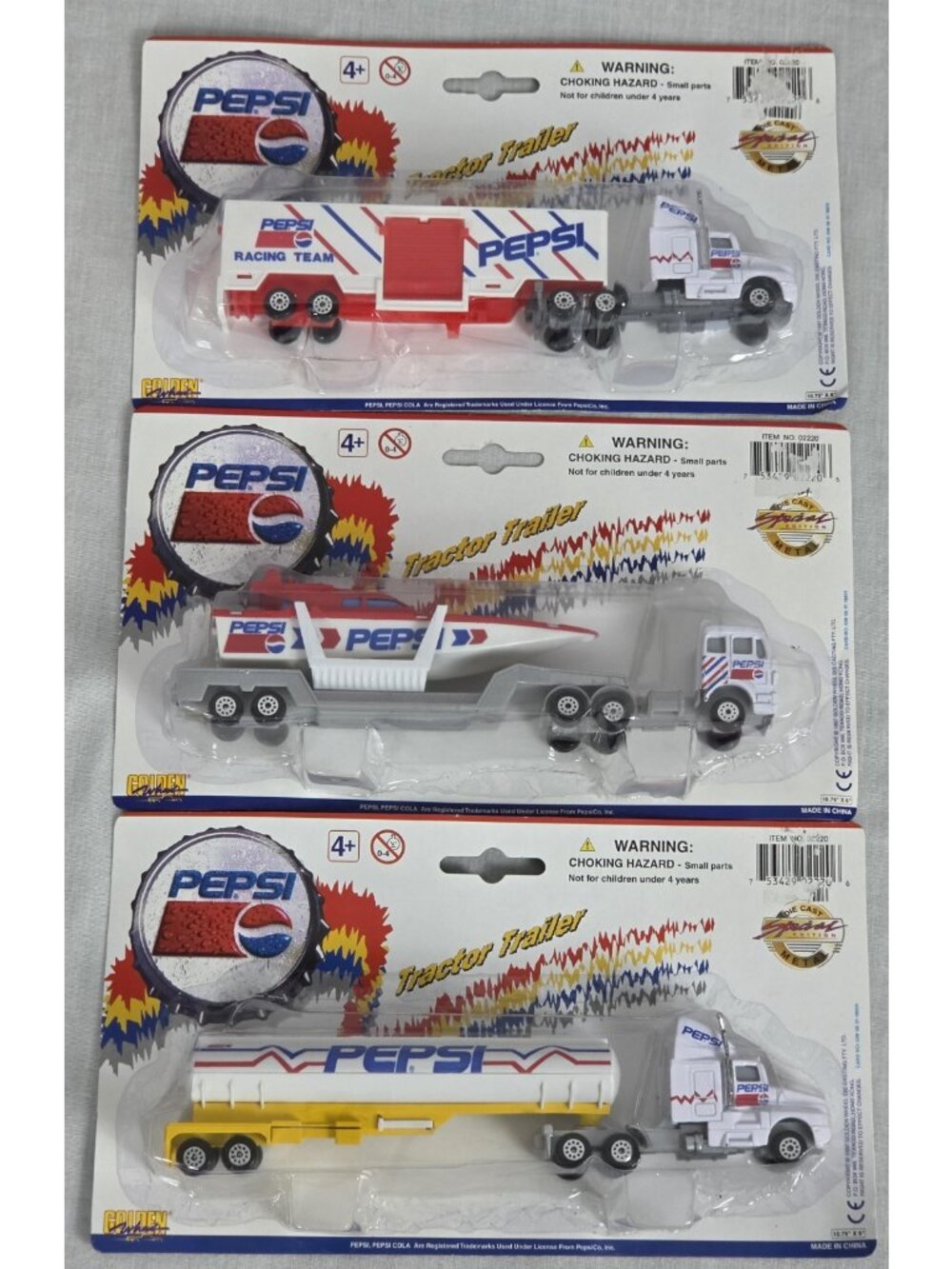 3 Pepsi Semi Trucks Transporters NEW Vtg Boat Gas Delivery Collectible Novelty